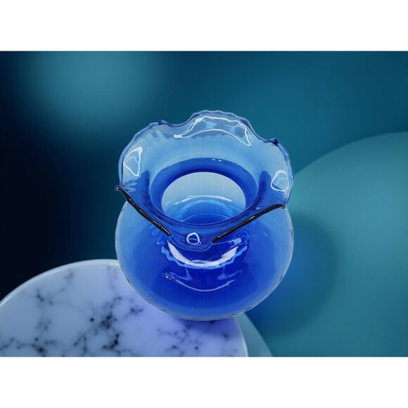 Vintage Cobalt Blue Ruffle Edge Top Globe Style Vase - Picture 6 of 13